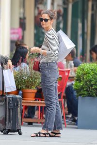 Katie Holmes in a Striped Long Sleeves T-Shirt