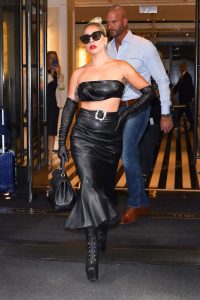 Lady Gaga in a Black Leather Bra