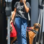 Isabela Moner in a Black Tee Walks Her Dog Out in West Hollywood 07/17/2019