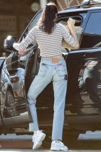 Kendall Jenner in a Striped Long Sleeves T-Shirt
