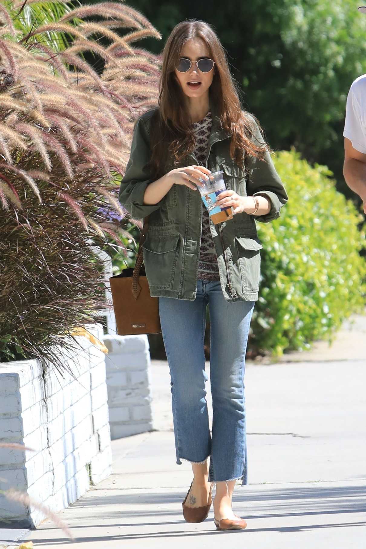 Lily Collins in a Green Jacket Out for Lunch in West Hollywood 07/11 ...