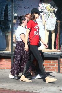 Alexandra Daddario in a Red Tee