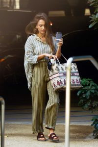 Jessica Alba in a Striped Suit