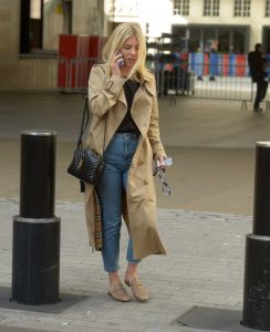 Mollie King in a Beige Trench Coat