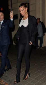 Bella Hadid in a Black Striped Suit