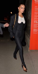 Bella Hadid in a Black Striped Suit