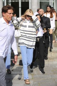 Kendall Jenner in a Striped Long Sleeves Polo