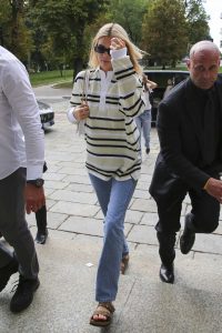 Kendall Jenner in a Striped Long Sleeves Polo