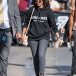 Naomi Scott in a Black Hoody Arrives at Jimmy Kimmel Live in Los Angeles 09/23/2019