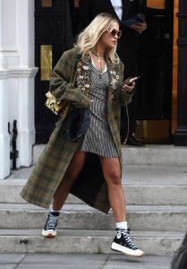 Rita Ora in a Green Plaid Coat