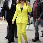 Alyssa Milano in a Yellow Suit Arrives at Good Morning America in New York 10/14/2019