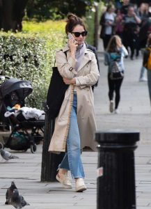 Lily James in a Beige Trench Coat