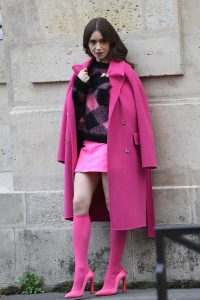 Lily Collins in a Purple Coat
