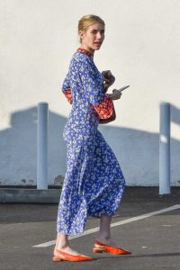 Emma Roberts in a Blue Floral Dress