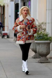 Gwen Stefani in a Floral Print Sheepskin Jacket