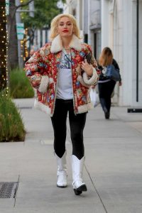 Gwen Stefani in a Floral Print Sheepskin Jacket