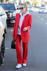 Hailey Baldwin in a Red Suit