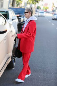 Hailey Baldwin in a Red Suit
