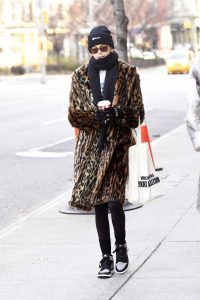 Kaia Gerber in a Leopard Print Fur Coat