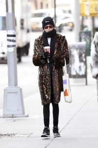 Kaia Gerber in a Leopard Print Fur Coat