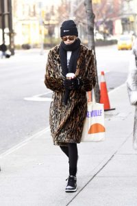 Kaia Gerber in a Leopard Print Fur Coat