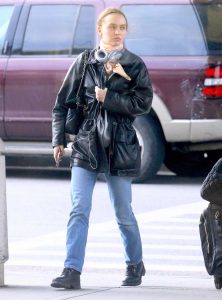 Lily-Rose Depp in a Black Leather Jacket