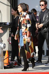 Sofia Carson in a Multicolor Coat