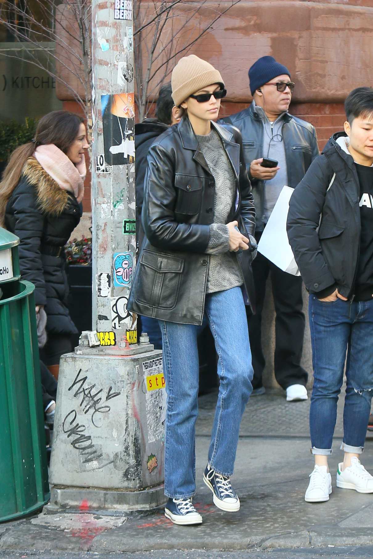 Kaia Gerber in a Beige Knit Hat