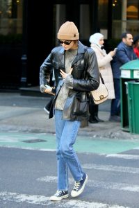 Kaia Gerber in a Beige Knit Hat