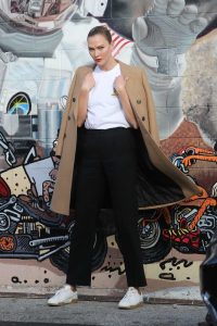 Karlie Kloss in a Beige Coat