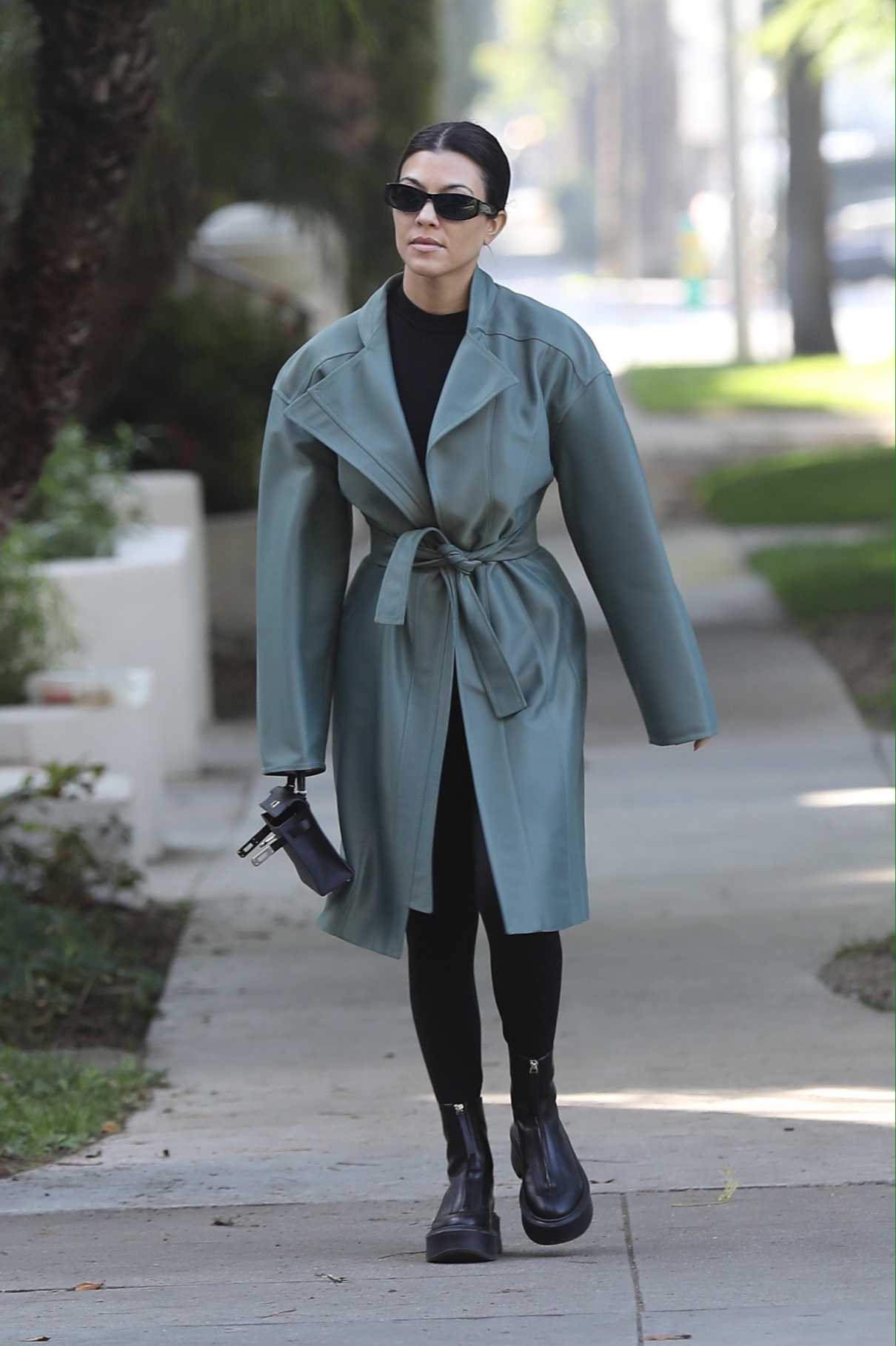 Kourtney Kardashian in a Green – Gray Leather Trench Coat Was Seen Out ...