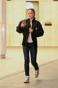 Lily-Rose Depp in a Black Bomber Jacket