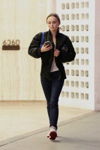 Lily-Rose Depp in a Black Bomber Jacket