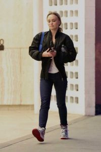 Lily-Rose Depp in a Black Bomber Jacket