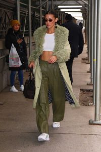 Bella Hadid in a Beige Leather Coat