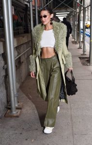 Bella Hadid in a Beige Leather Coat