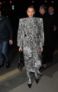 Bella Hadid in a Gray Animal Print Dress