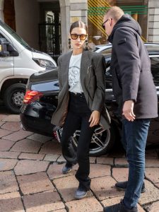 Bella Hadid in a Gray Oversized Blazer