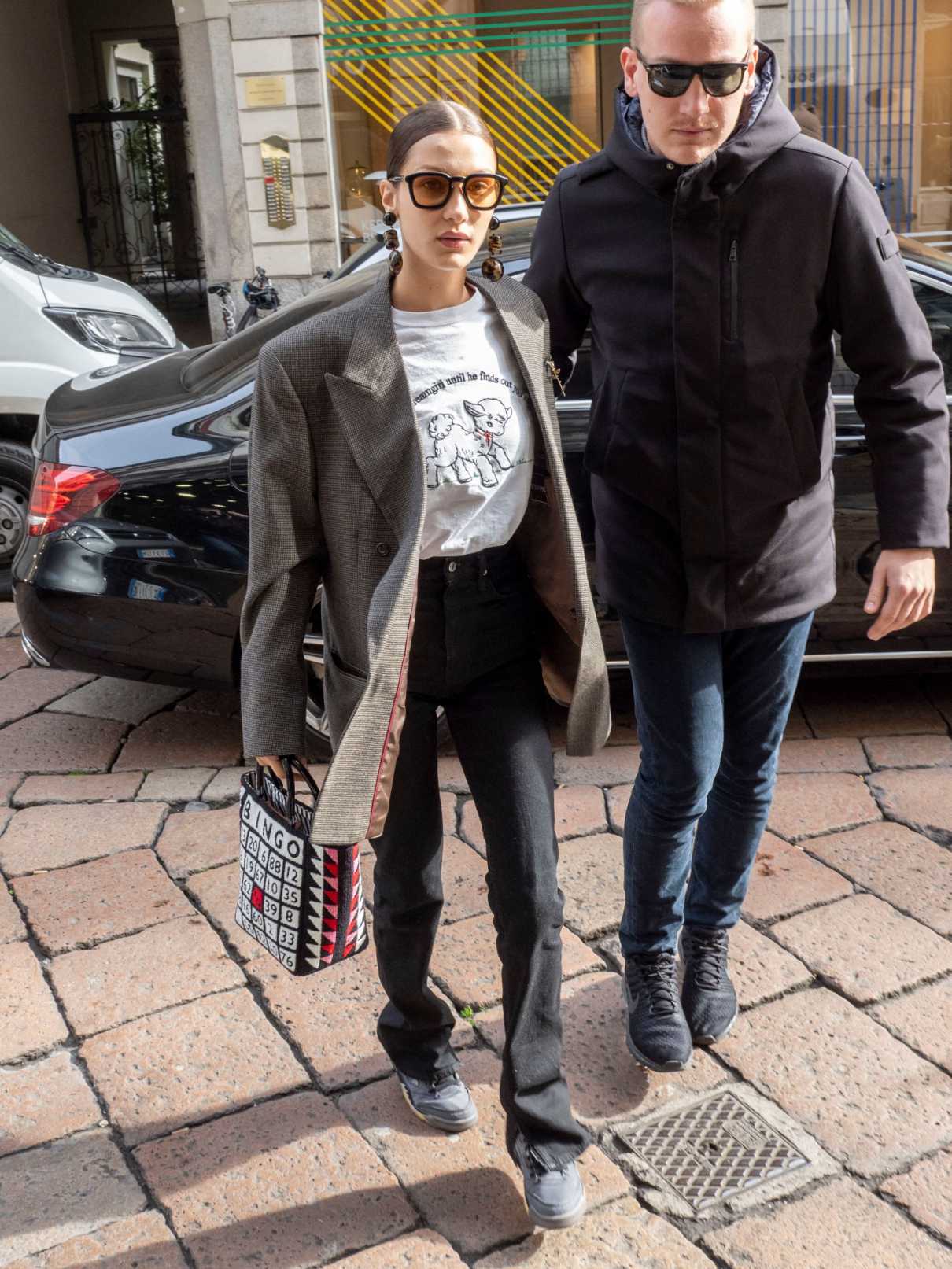 Bella Hadid in a Gray Oversized Blazer Was Seen Out in Milan 02/21/2020 ...