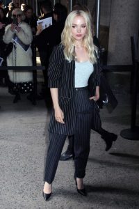 Dove Cameron in a Black Striped Suit