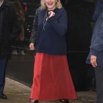 Elisabeth Moss in a Red Skirt Arrives at Good Morning America Studios in New York 02/26/2020
