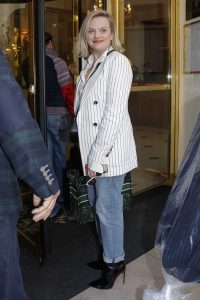 Elisabeth Moss in a White Striped Blazer