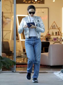 Emmy Rossum in a Silver Bomber Jacket