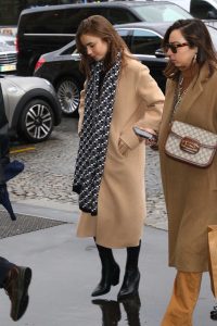 Lily Collins in a Tan Coat