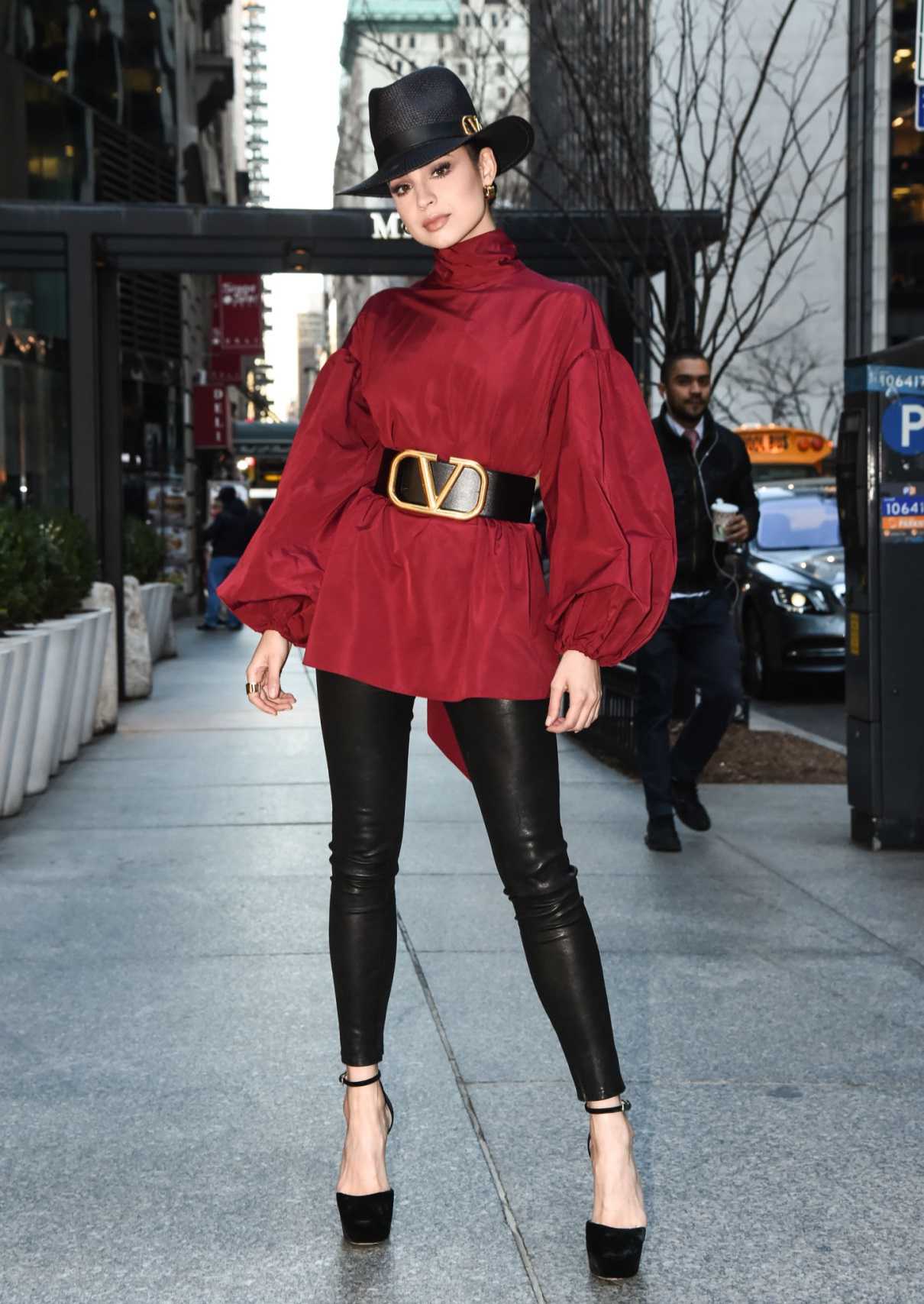 Sofia Carson in a Black Hat Arrives at the SiriusXM Studios in New York