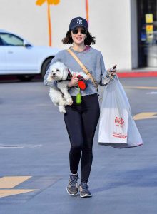 Lucy Hale in a Gray Cropped Sweatshirt
