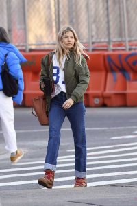 Sienna Miller in a Green Bomber Jacket