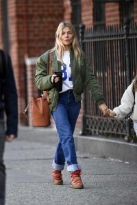 Sienna Miller in a Green Bomber Jacket