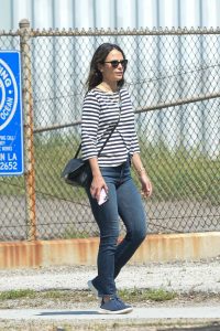 Jordana Brewster in a Striped Long Sleeves T-Shirt