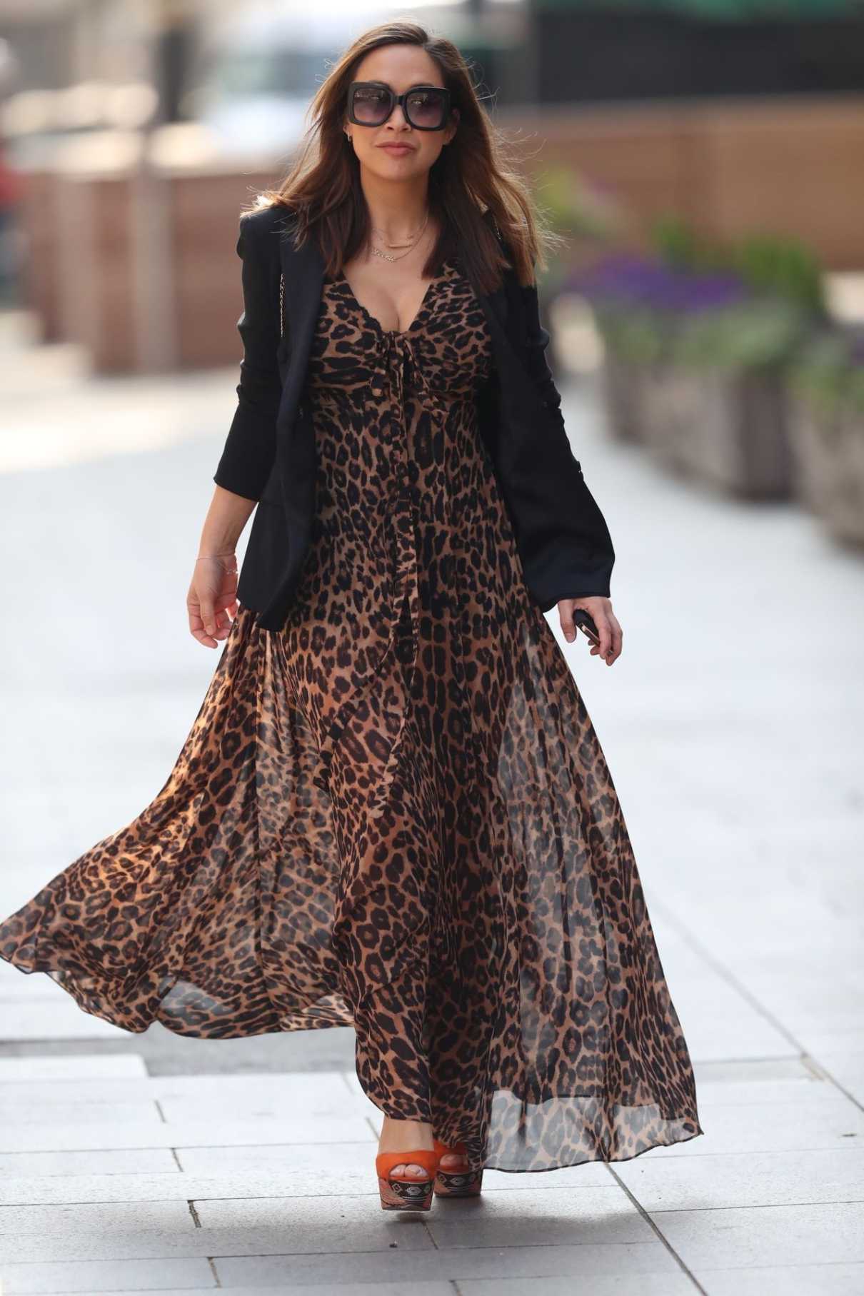 Myleene Klass in a Leopard Print Dress Arrives at Global Radio in ...